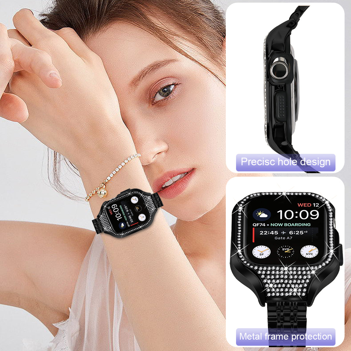 For Apple Watch Series 7 / 8 / 9 41mm Replacement 7 Beads Stainless Steel Strap with Watch Case - Black For Apple Watch Series 7 / 8 / 9 41mm Replacement 7 Beads Stainless Steel Strap with Watch Case - Black